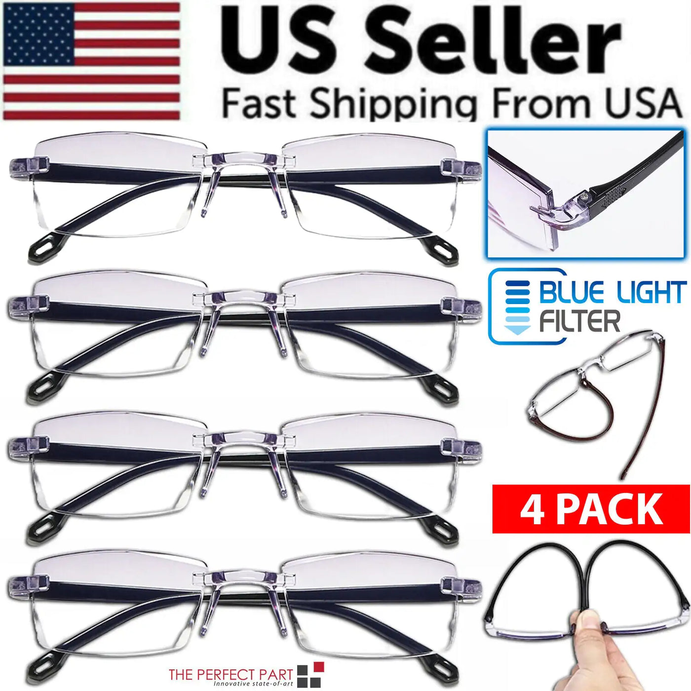 4 PK Mens Rectangular Rimless Blue Light Blocking Reading Glasses Unisex Readers