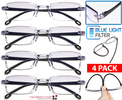 4 PK Mens Rectangular Rimless Blue Light Blocking Reading Glasses Unisex Readers